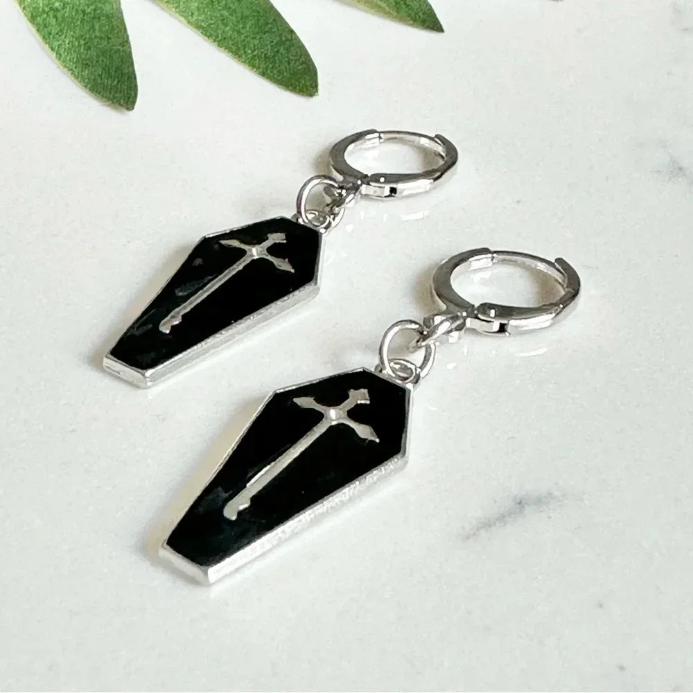 2/$30🌵 Coffin Cross Earrings Mini Hoop Huggies Gothic Dangle Jewelry Death NEW